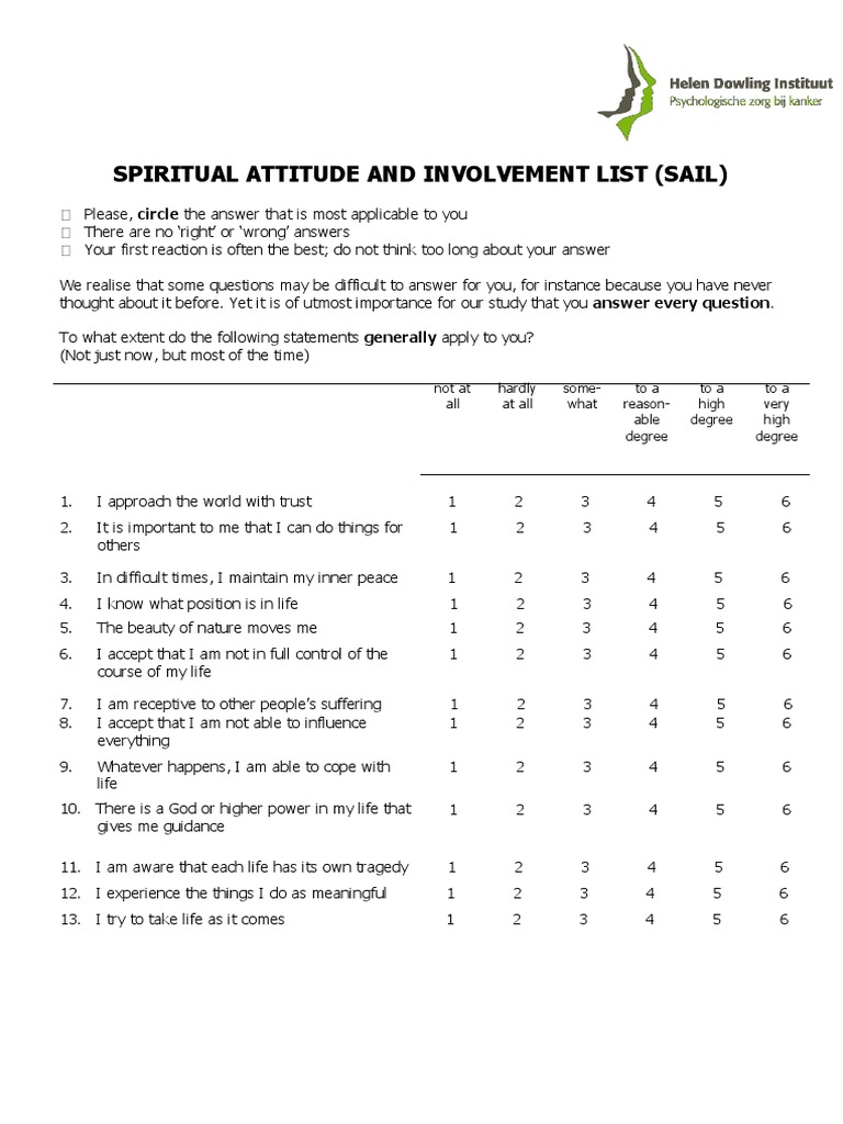 SAIL Questionnaire English PDF Reason Spirituality