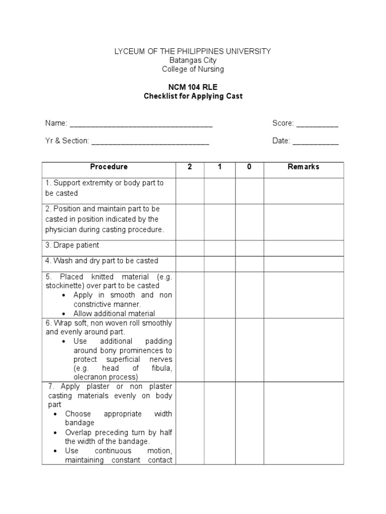 Cast Application Procedure Checklist | PDF