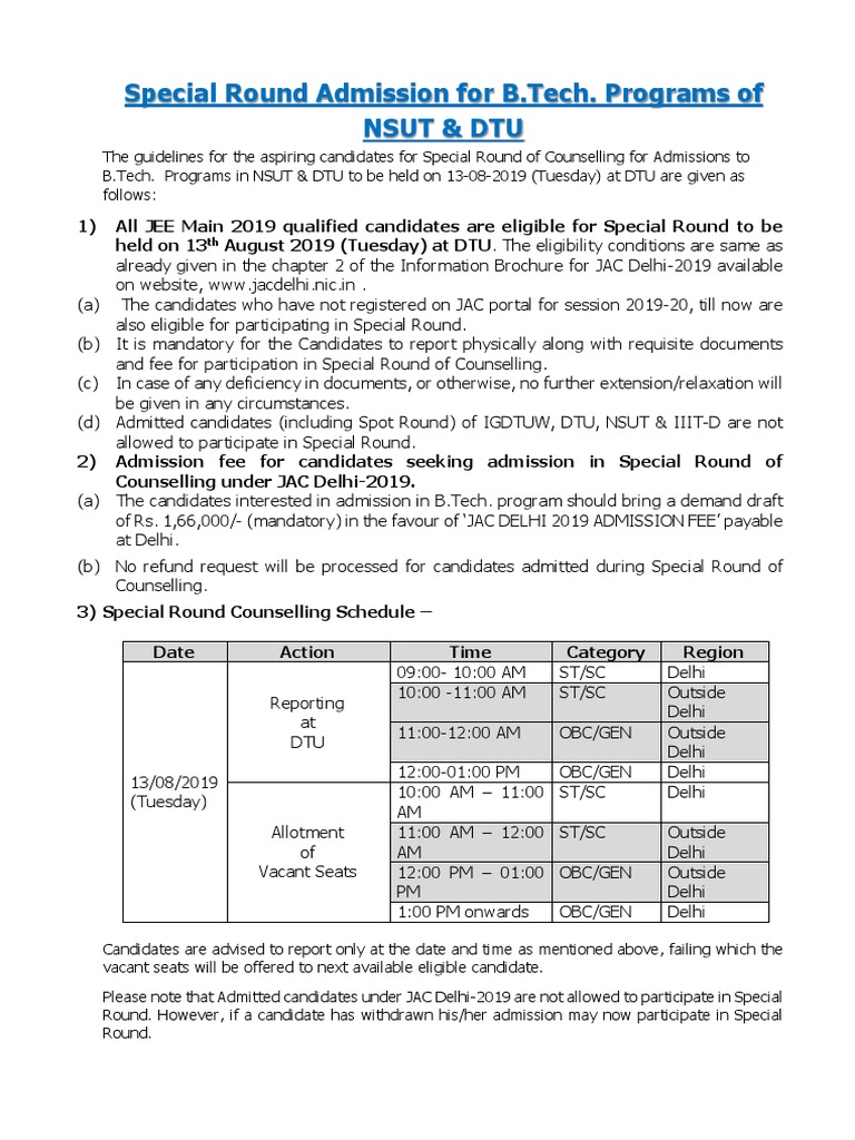 Special Round Admission For B.Tech. Programs of Nsut & Dtu | PDF ...