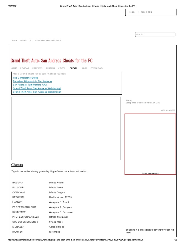 Grand Theft Auto - San Andreas Cheats, Hints, and Cheat Codes For The ...