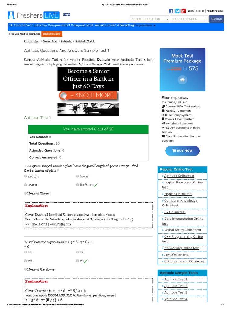 Aptitude Questions and Answers Sample Test 1 | PDF | C (Programming ...