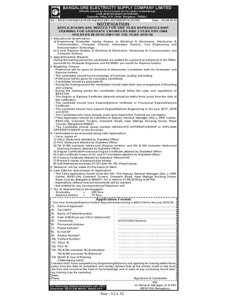 Bescom Notification | PDF | Diploma | Apprenticeship