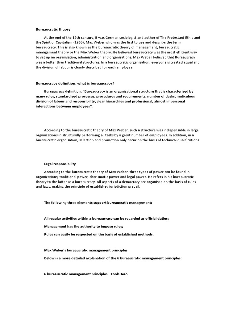 Max Weber's Bureaucratic Theory Explained | PDF | Bureaucracy | Max Weber
