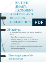 Executive Summary, Environment Analysis and Business Description