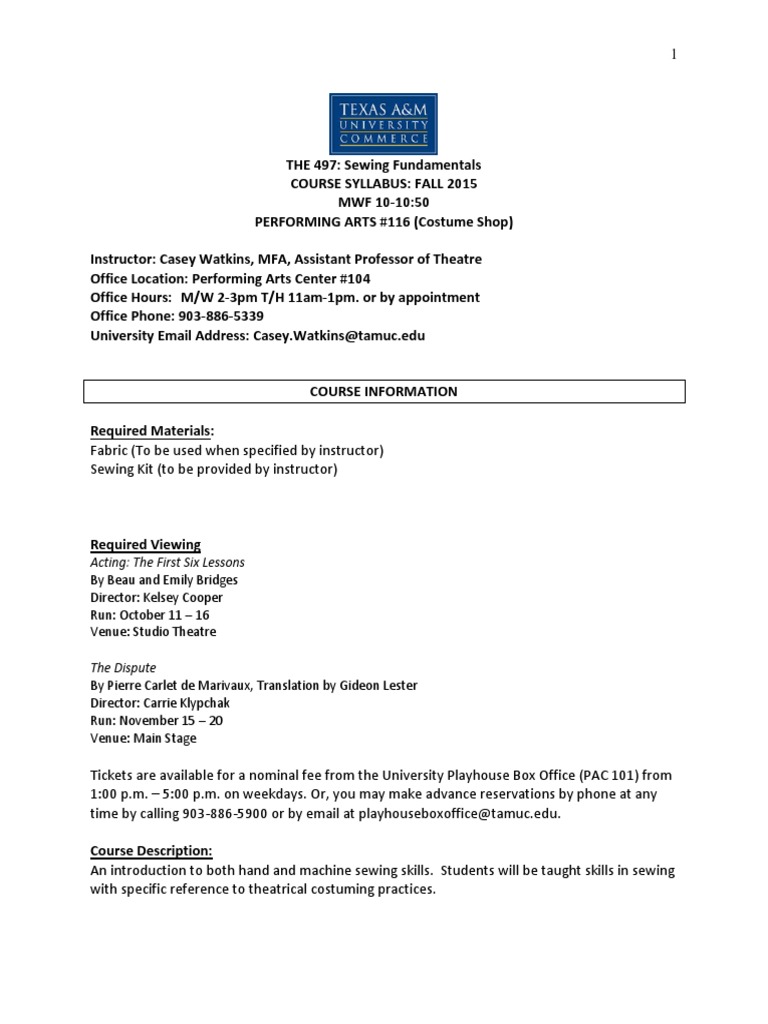 An Introduction to Sewing Fundamentals A Syllabus for THE 497 Fall 2015 PDF Academic