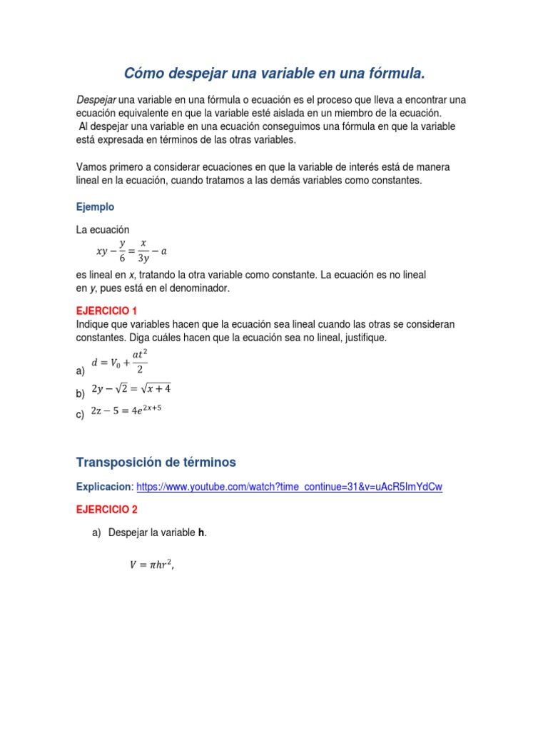Cómo Despejar Una Variable en Una Fórmula PDF Funcion exponencial