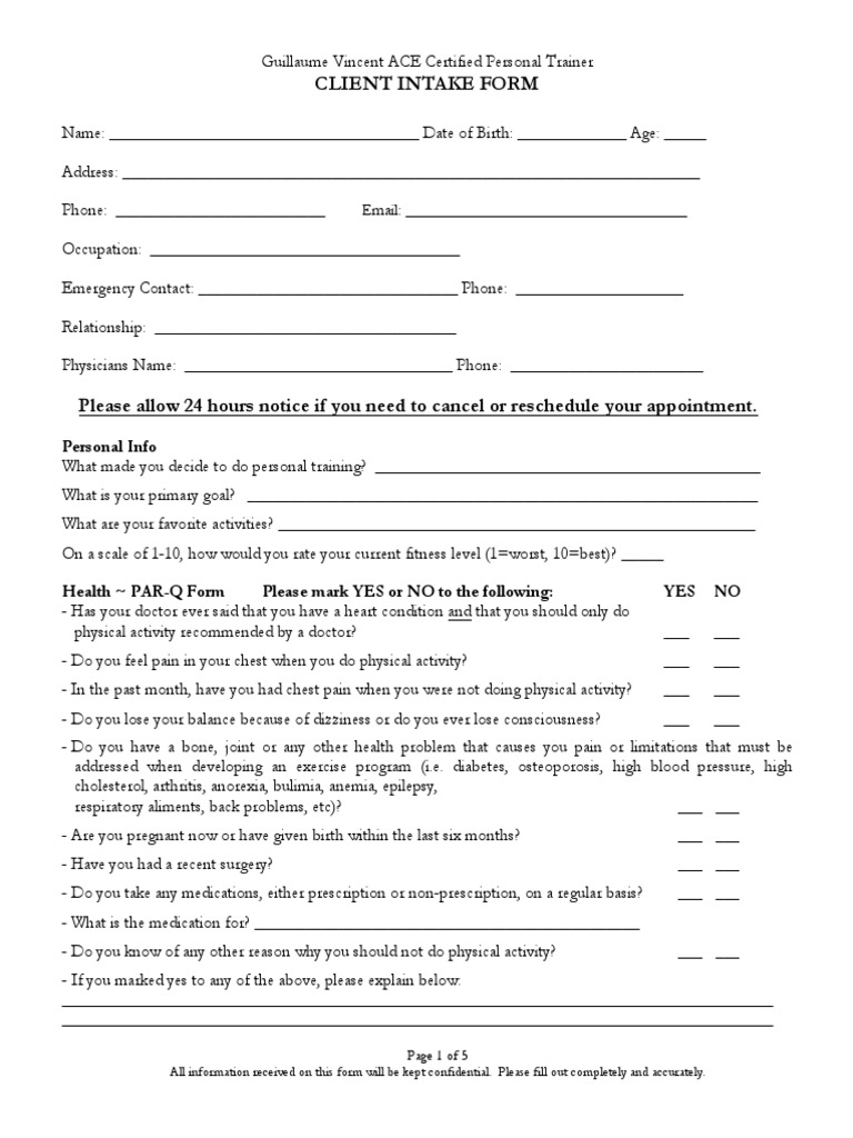 Client Intake Forms | PDF | Personal Trainer | Nutrition