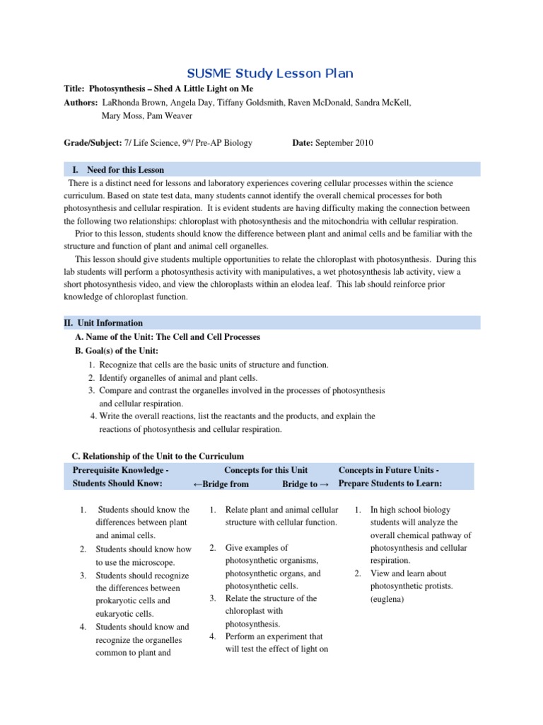 Photosynthesis Lesson Plan Photosynthesis Eukaryotes