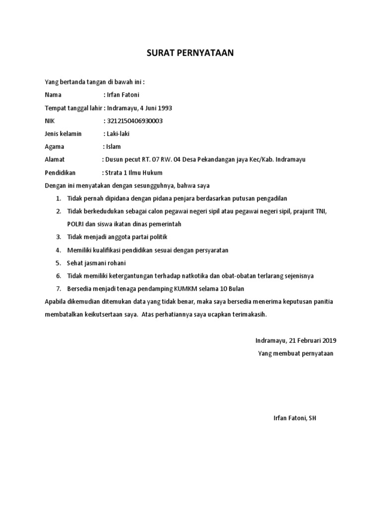 Contoh Surat Pernyataan Bermaterai Doc Nusagates