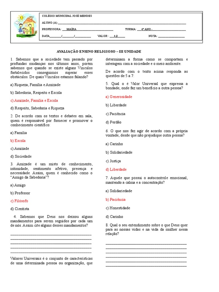Avaliação sobre ensino religioso e valores universais | PDF | Família ...