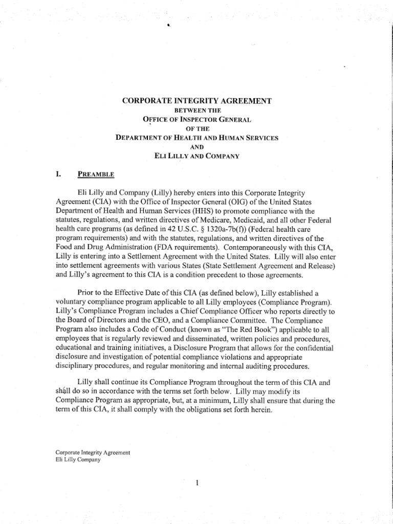 Corporate Integrity Agreement Between OIG HHS and Eli Lilly | PDF ...