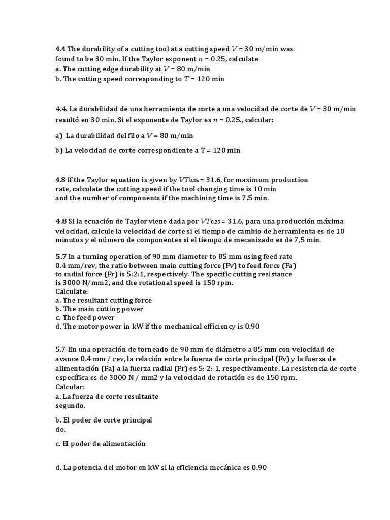 Problemas Procesos De Mecanizacion Docx Materiales De Construccion Artesanias
