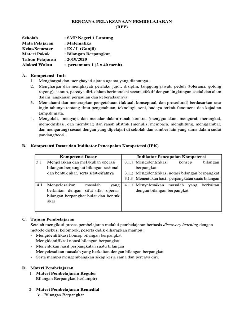 Rpp Bilangan Berpangkat P1 Pdf