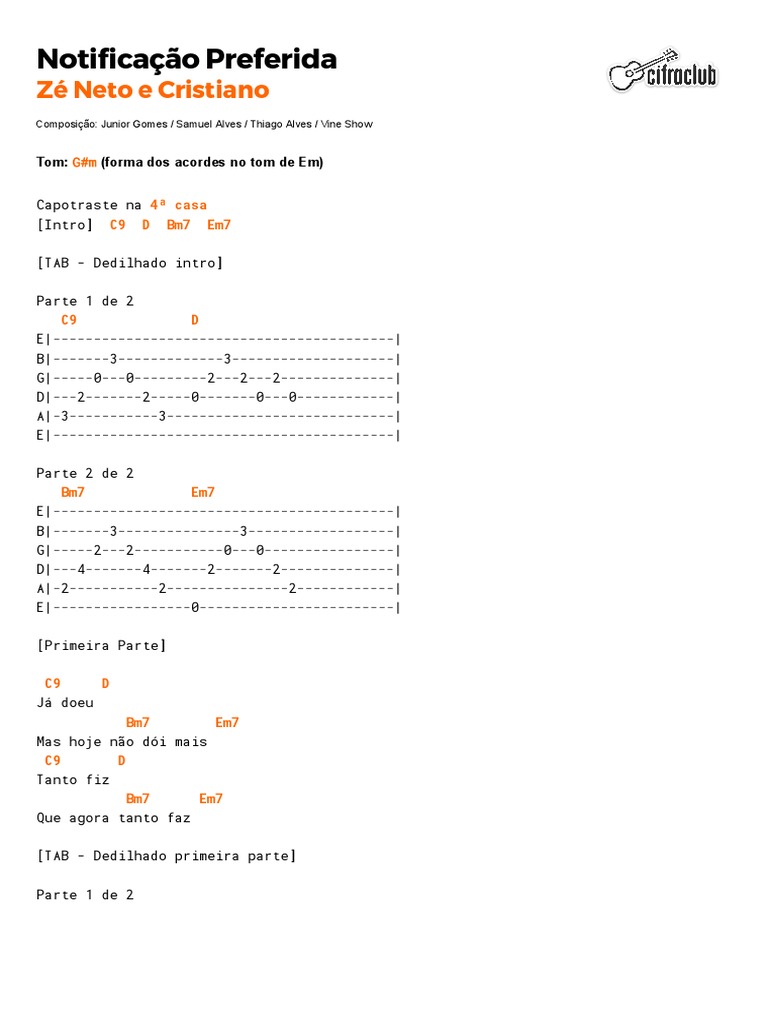 Cifra Club Zé Neto e Cristiano Notificação Preferida PDF Música