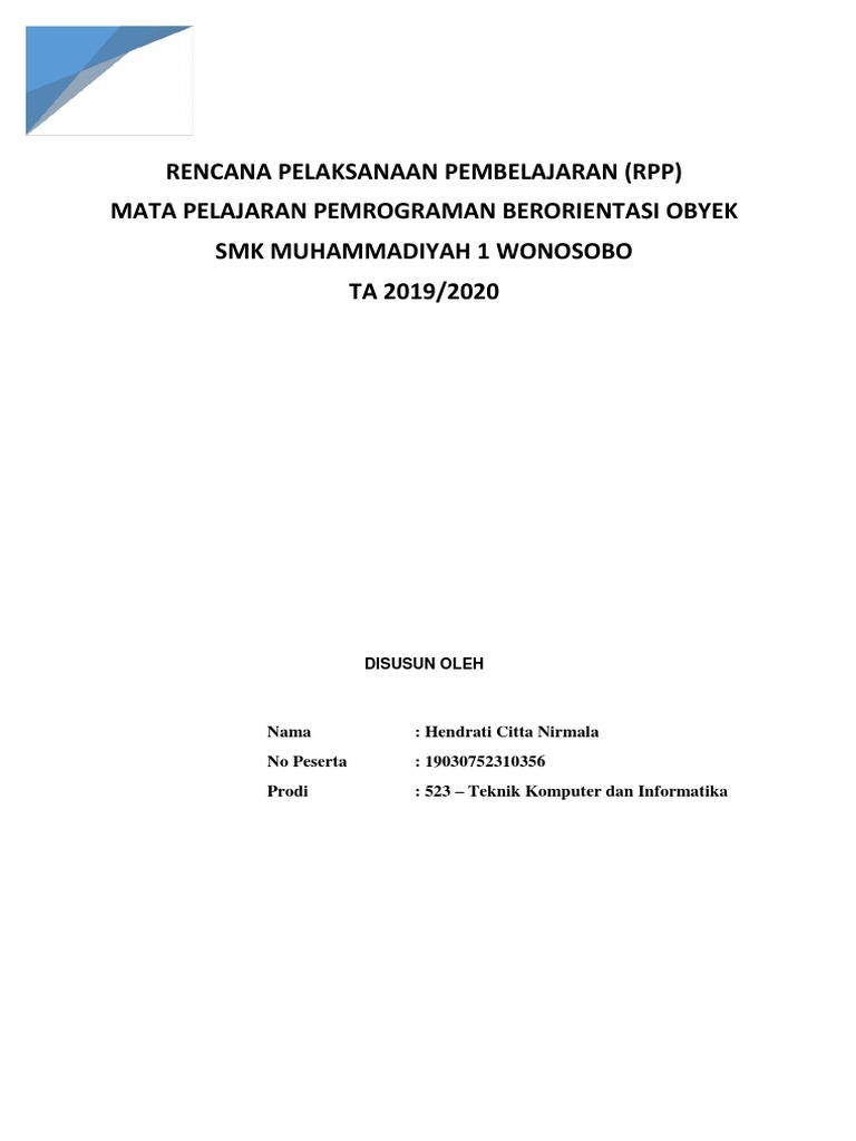 Rpp Pemrograman Berorientasi Objek Smk Kurikulum 2013 Revisi Sekolah