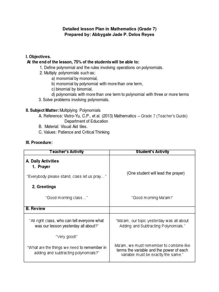 Detailed Lesson Plan in Mathematics (Grade 7) Prepared By: Abbygale ...