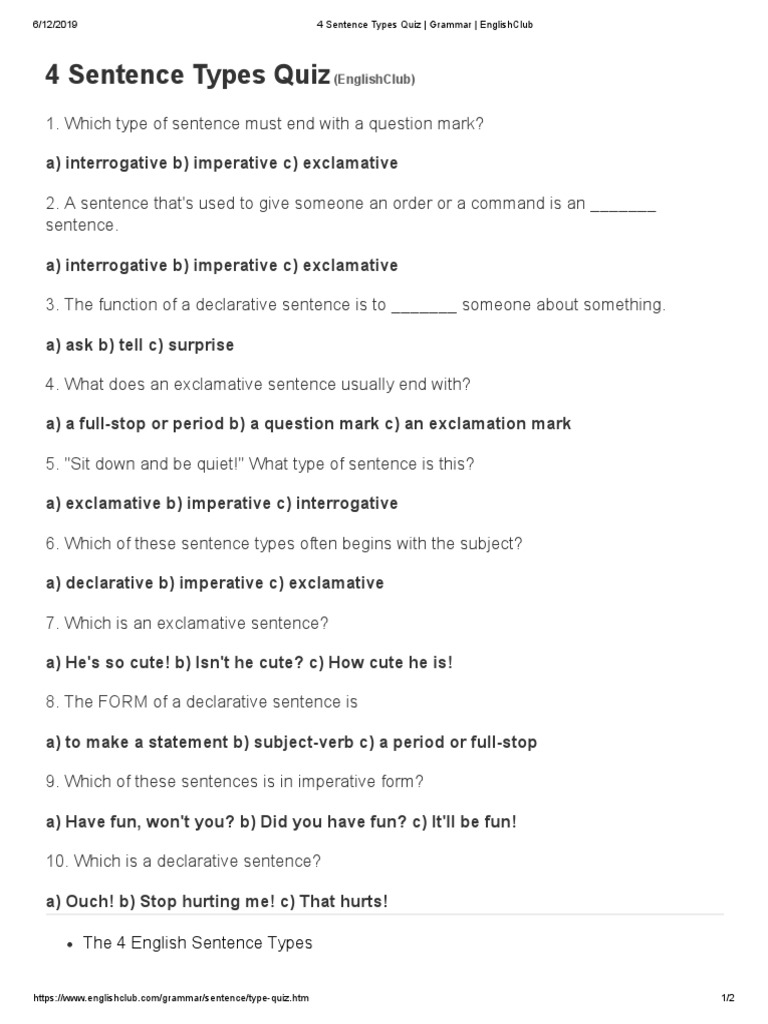 4 Sentence Types Quiz Grammar PDF