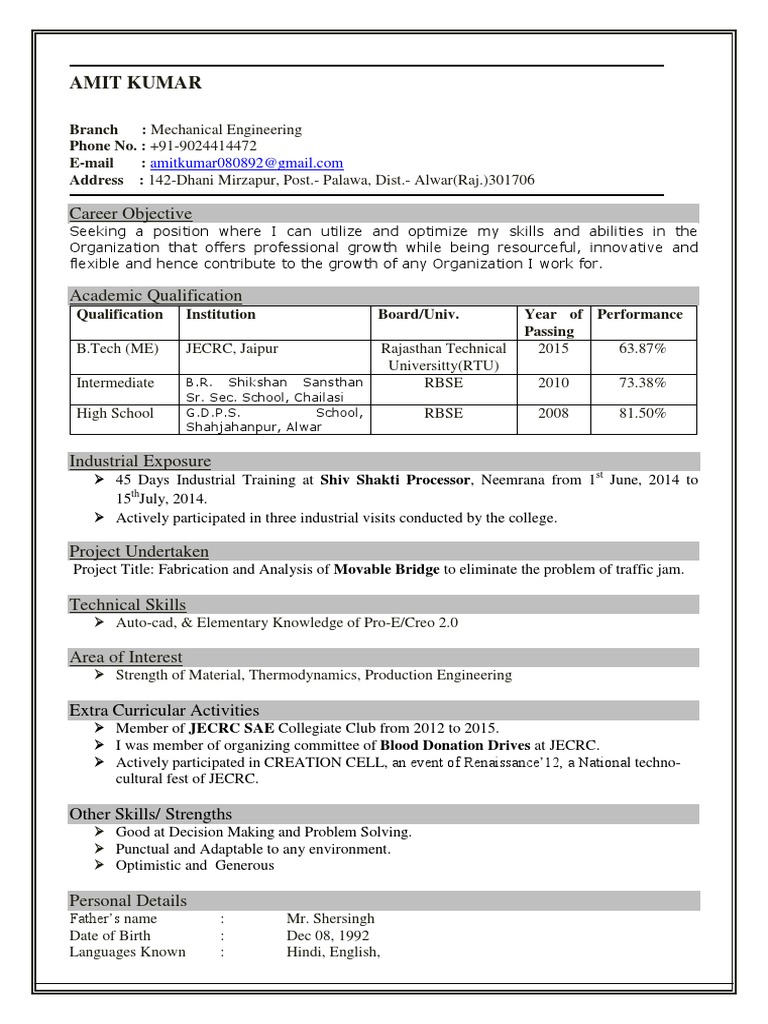 Mechanical Engineer Resume of Amit Kumar | PDF