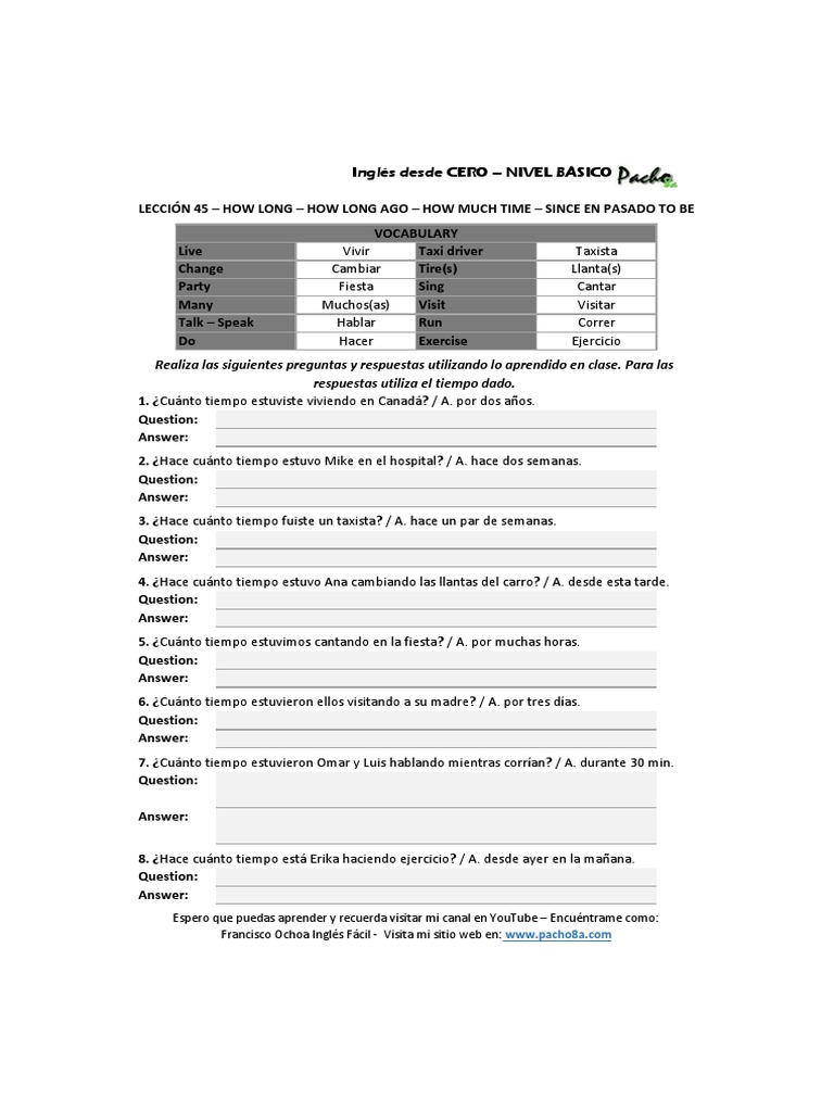 Lección 45 How Long How Long Ago How Much Time Since To Be Pasado PDF