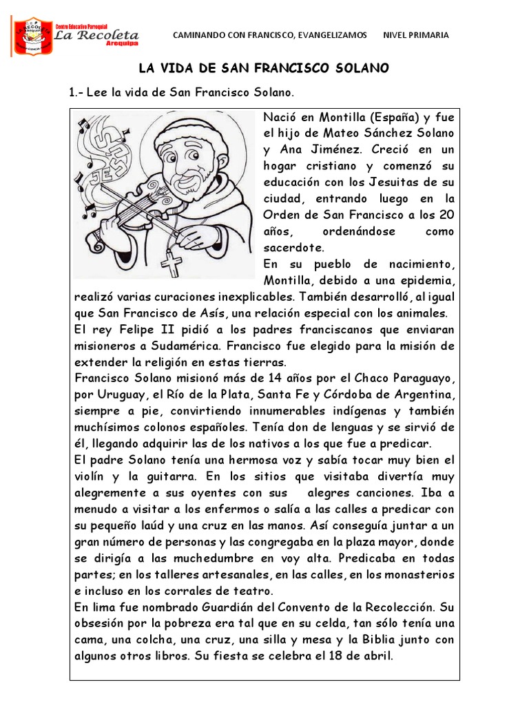 La Vida de San Francisco Solano: Caminando Con Francisco, Evangelizamos  Nivel Primaria | PDF | anglicano | Bautistas