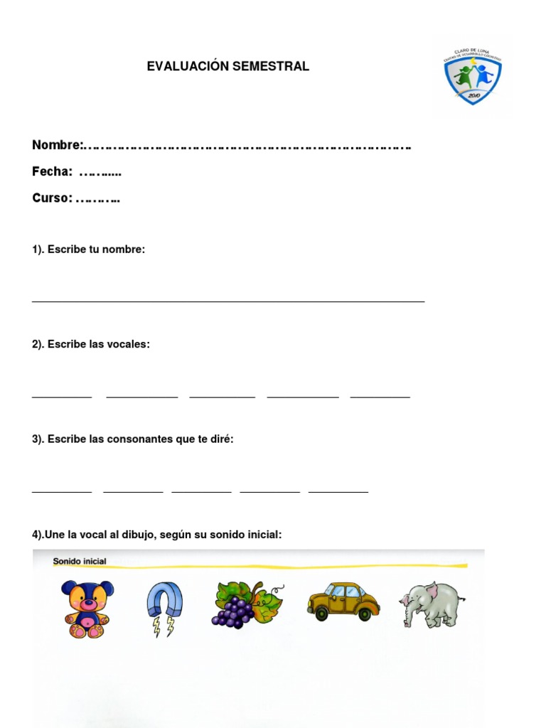 Examen de Vocales y Consonantes para Niños | PDF | Artes del Lenguaje y ...