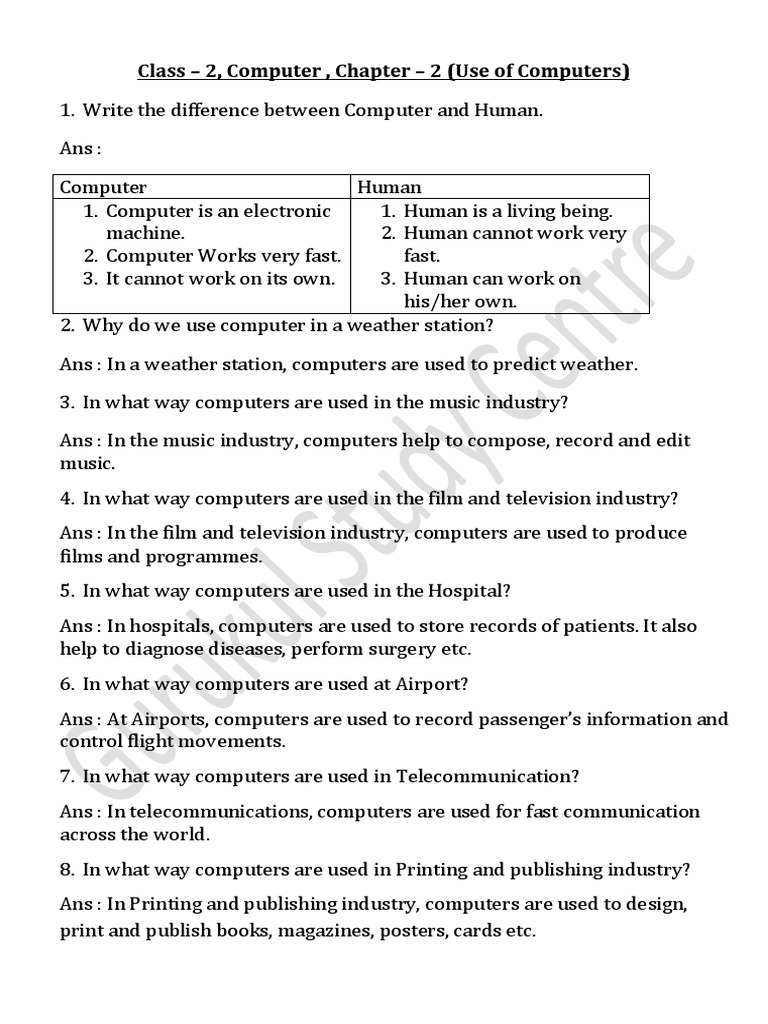 Class - 2, Computer, Chapter - 2 (Use of Computers) | PDF | Computer ...