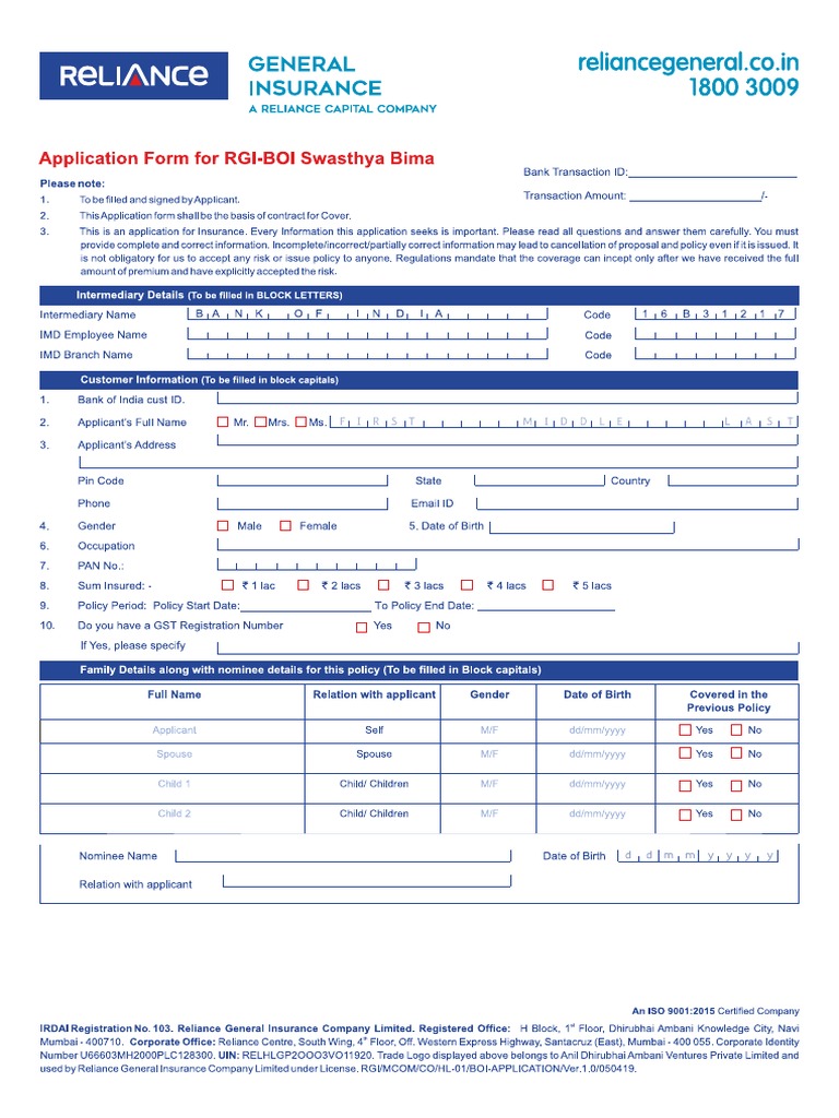 Application Form For RGI-BOI Swasthya Bima Revised Effective 1st June ...