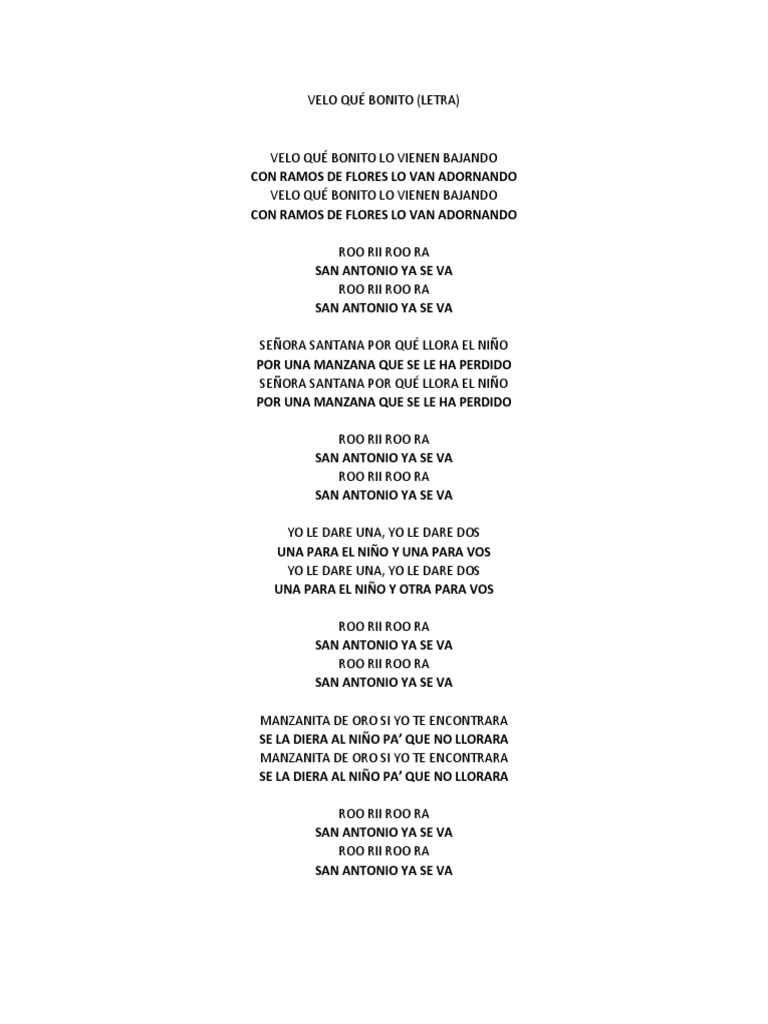 Velo Qué Bonito Letra PDF