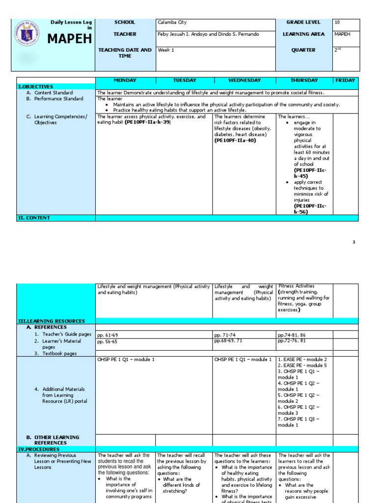 Grade 10 PE 2nd Quarter Lesson Log | PDF | Physical Fitness | Learning