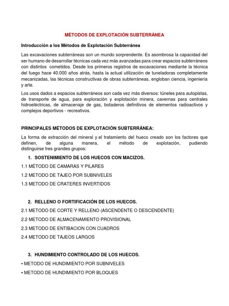 Metodo De Exploracion Subterranea Pdf Minerales Minería