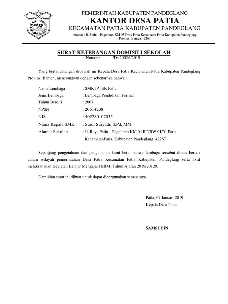 Surat Keterangan Domisili Sekolah Desa Pdf