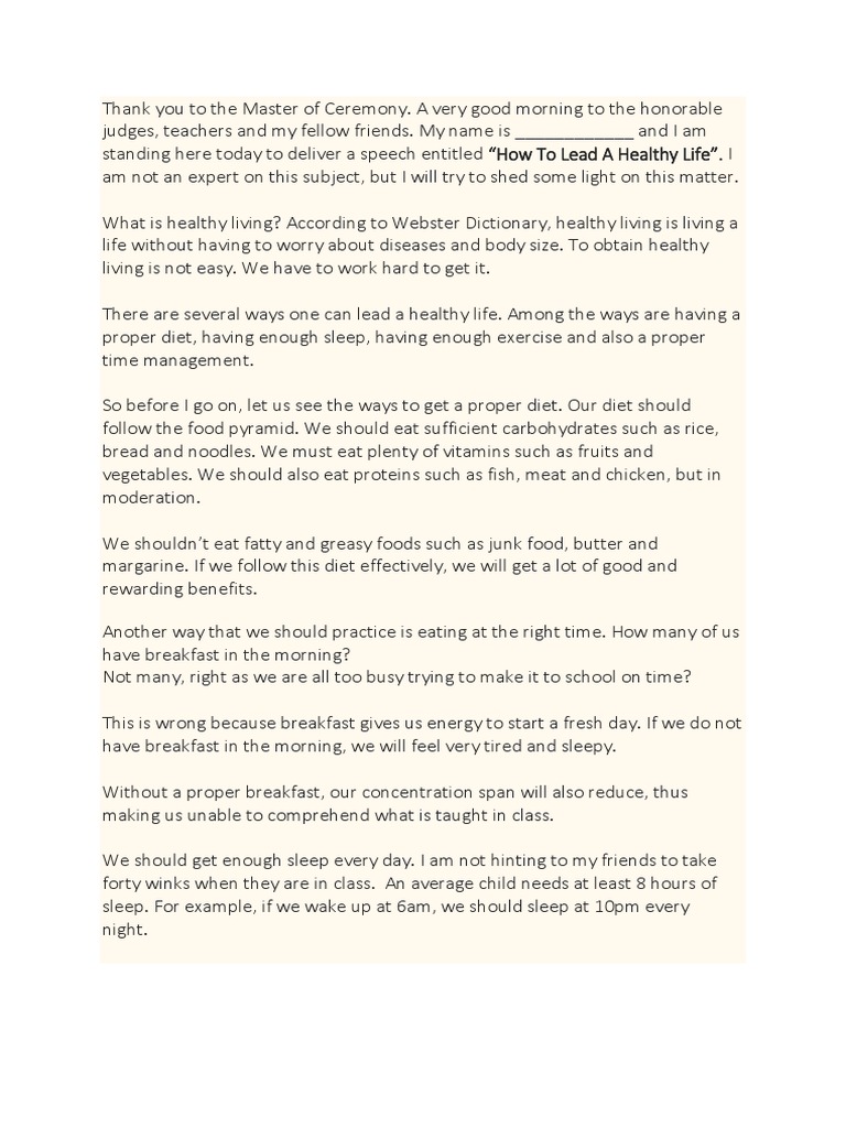 Healthy Living Speech for Kids | PDF | Diet (Nutrition) | Diet & Nutrition