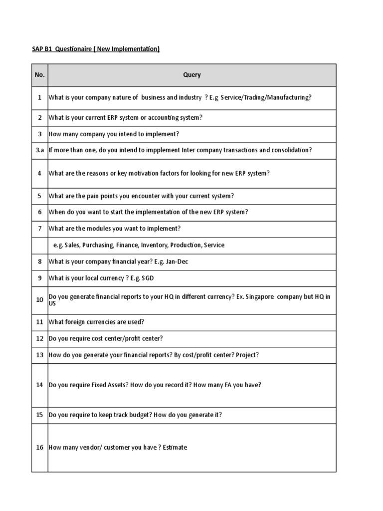 Template Sap B1 Pre Sales Questionnaire V2 Inventory Enterprise Resource Planning