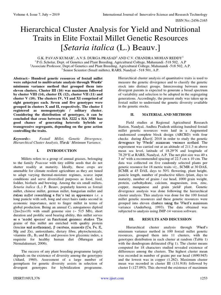 Cluster Analysis of Foxtail Millet Traits | PDF | Plant Breeding | Genetics
