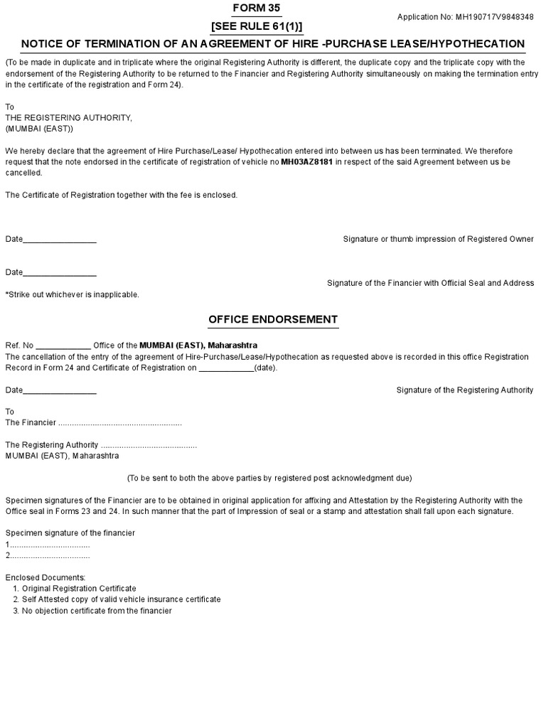 Notice of Termination of Agreement of Hire-Purchase Lease/Hypothecation ...
