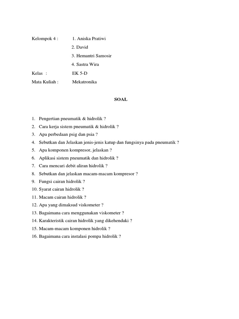 Soal Pneumatik Dan Hidrolik Kelompok 4 Pdf