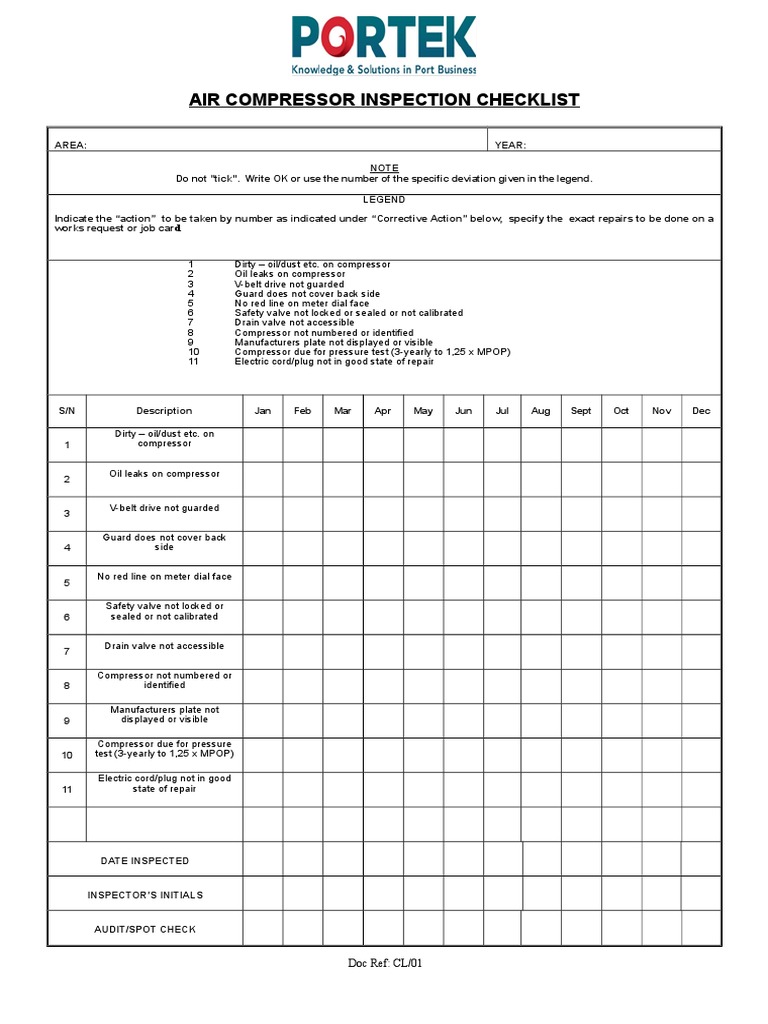 Air Compressor Inspection Checklist Doc Ref CL/01 PDF