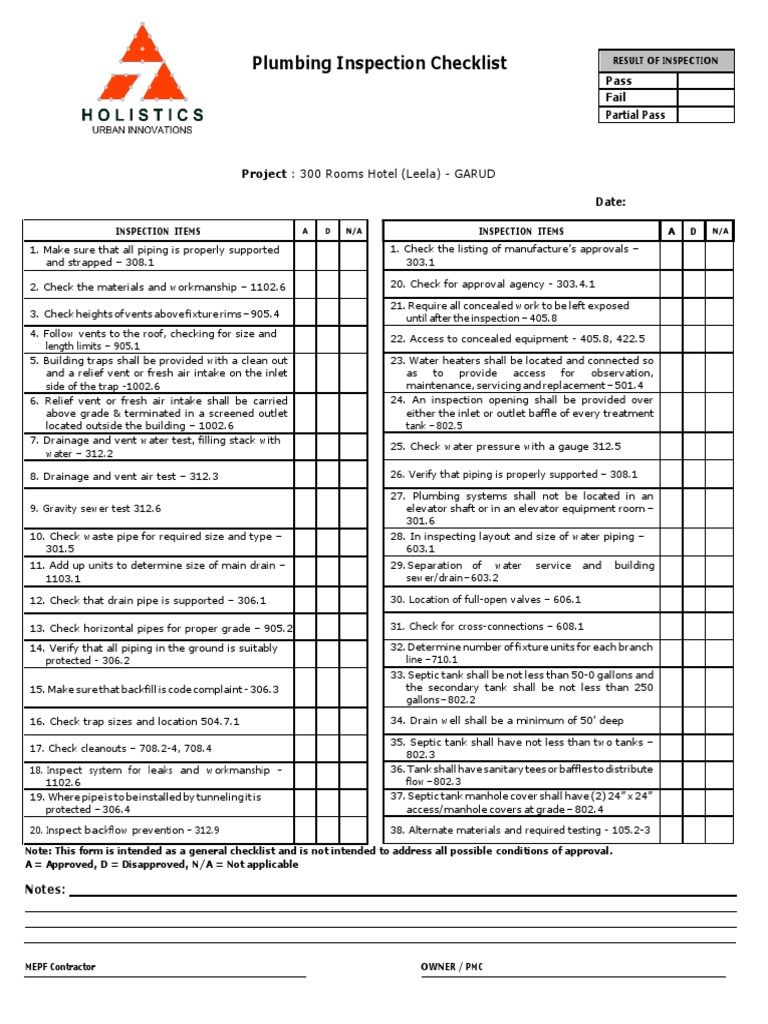 Plumbing Inspection Checklist: Pass Fail Partial Pass | Download Free ...