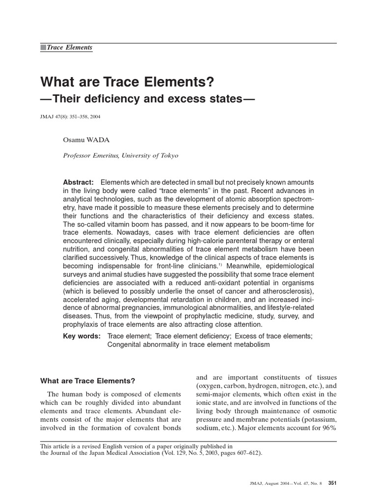 What Are Trace Elements? Their Deficiency and Excess States PDF