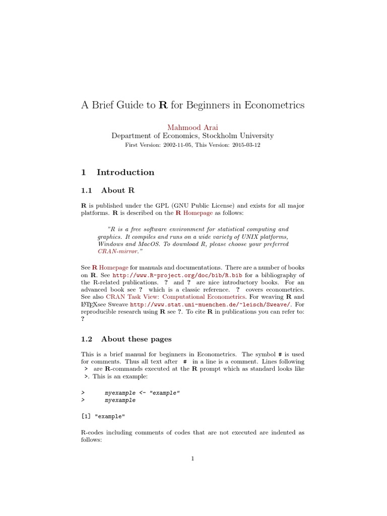 A Brief Guide To R For Beginners in Econometrics: Department of ...