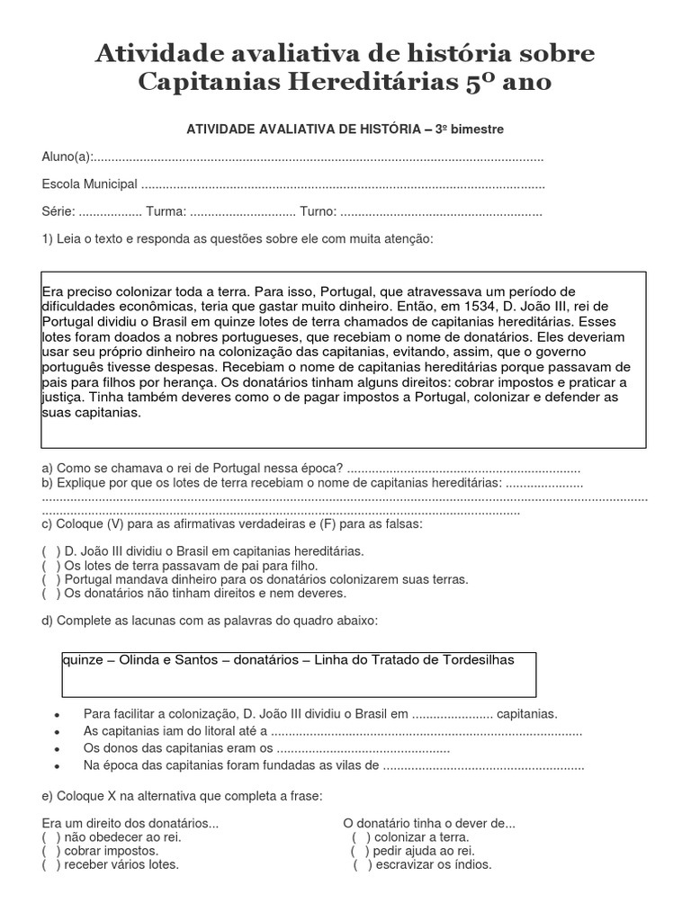 Atividade sobre Capitanias Hereditárias 5º Ano | PDF