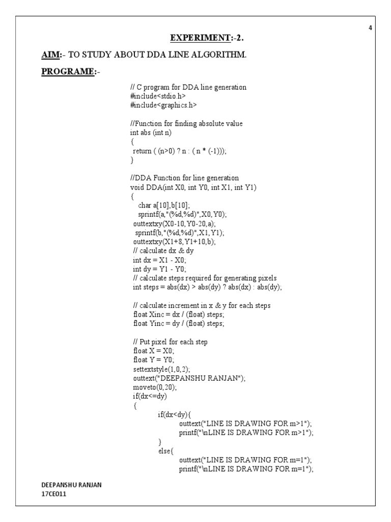 Experiment:-2. Aim:-To Study About Dda Line Algorithm. Programe | PDF ...