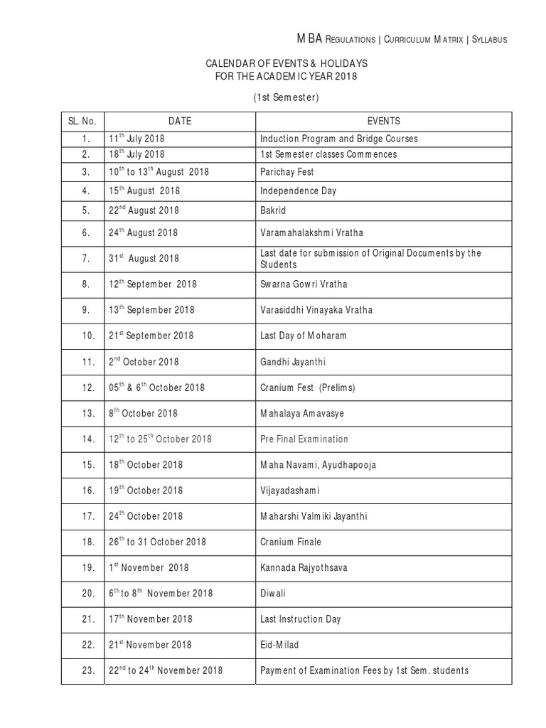 R C M S: Calendar of Events & Holidays For The Academic Year 2018 (1st