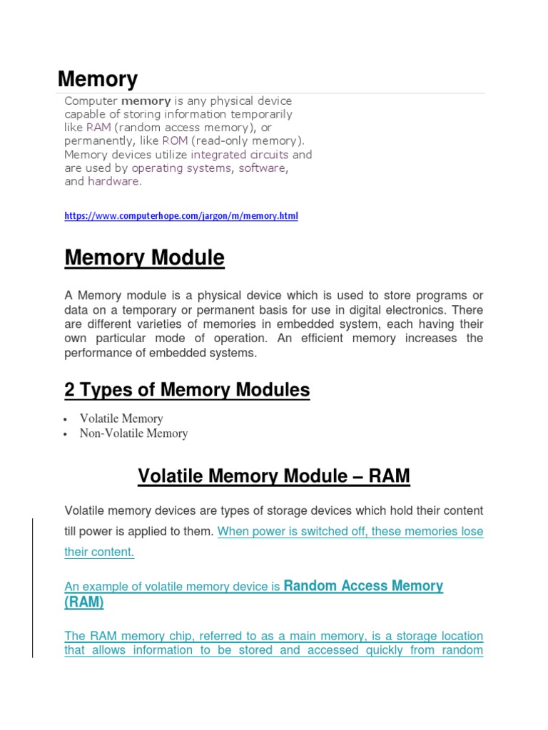Memory: 2 Types of Memory Modules | PDF | Random Access Memory | Read ...