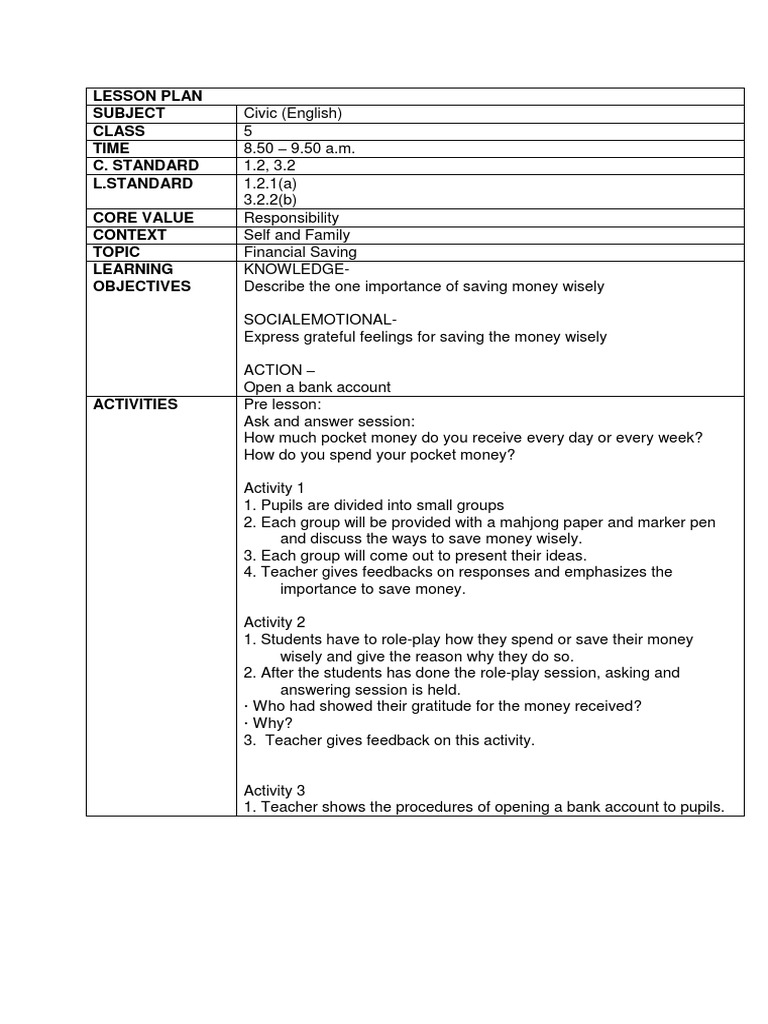 Lesson Plan Subject Class Time C. Standard L.Standard Core Value