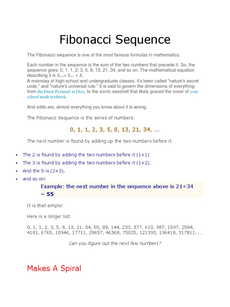 Fibonacci Sequence: Makes A Spiral | PDF | Numbers | Sequence