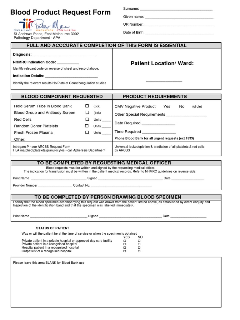 Blood Product Request Form | PDF | Bleeding | Coagulation