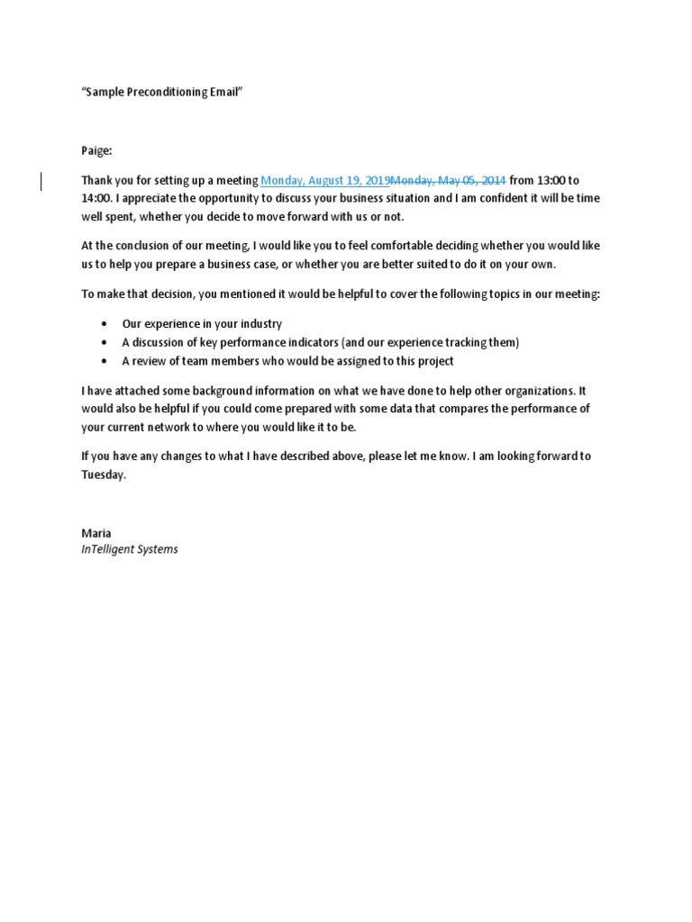 Preconditioning Email for Meeting | PDF | Career & Growth
