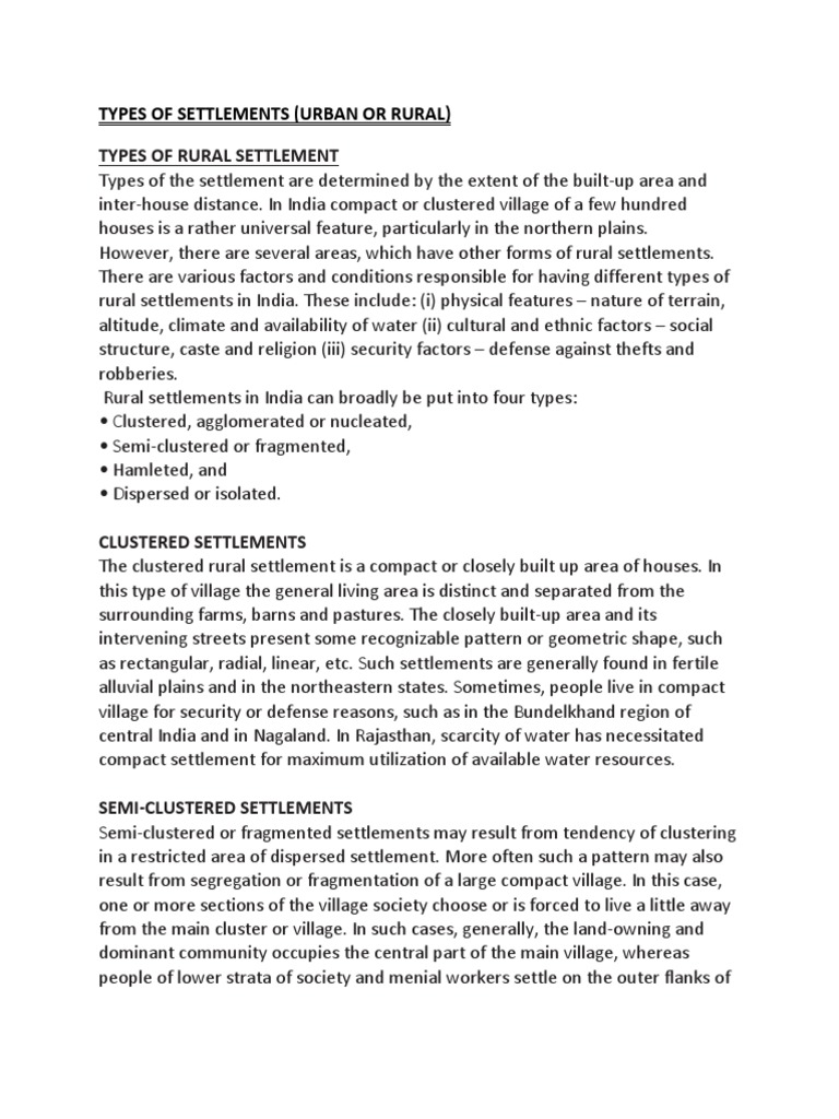 Types of Human Settlements in India | PDF | Village | Urban Area