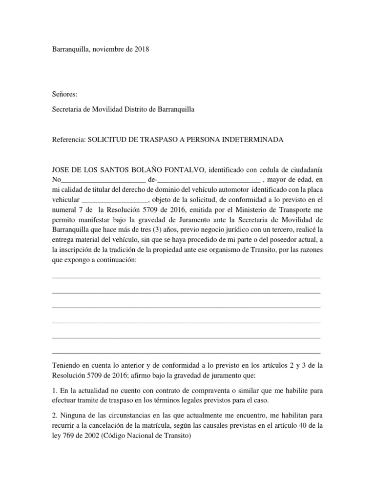 Carta Traspaso Persona Indeterminada PDF Gobierno Justicia